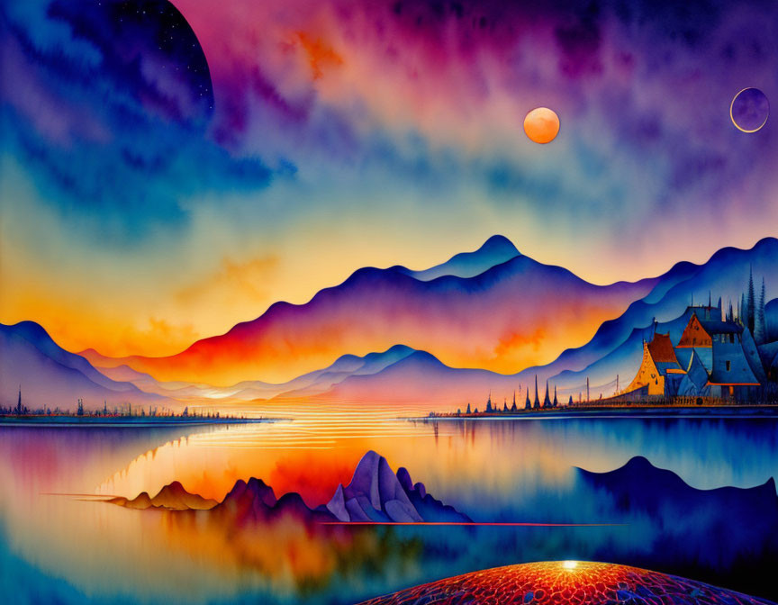 Colorful Fantasy Landscape with Mountains, Lake, House, and Celestial Bodies