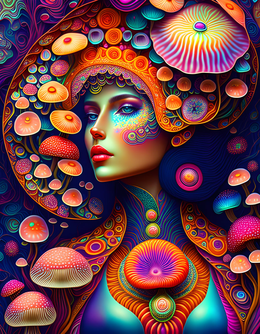 Colorful digital portrait with psychedelic mushroom and floral patterns.