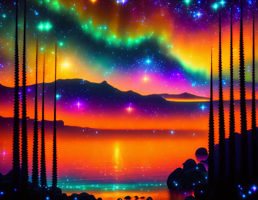 Luminous aurora over mountainous lakeside in digital art