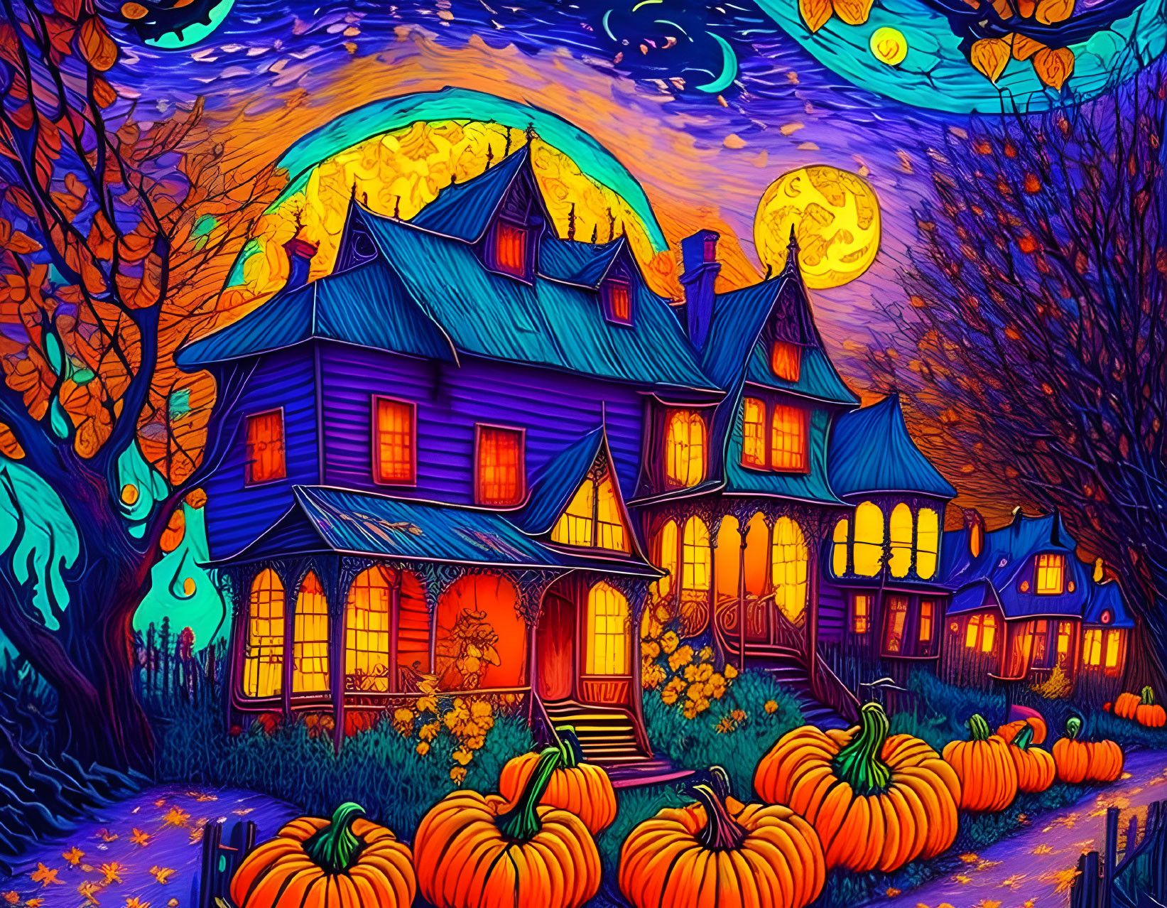 Illustration of spooky Victorian house at night with jack-o’-lanterns, full moon,