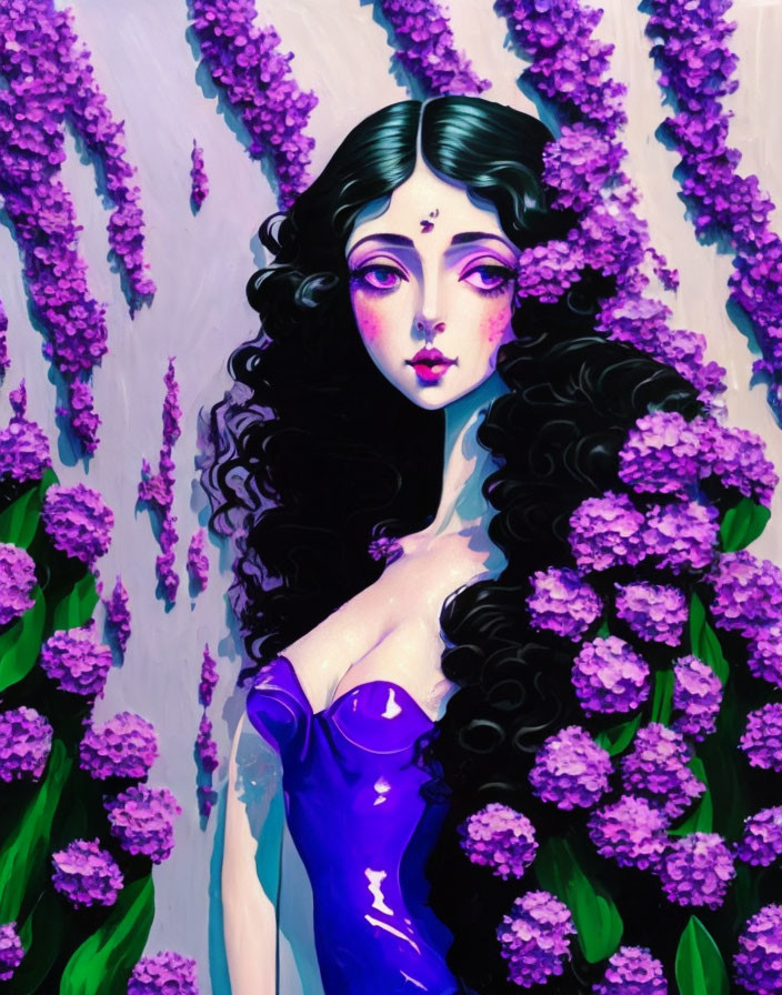 Stylized painting of woman with black hair among purple flowers