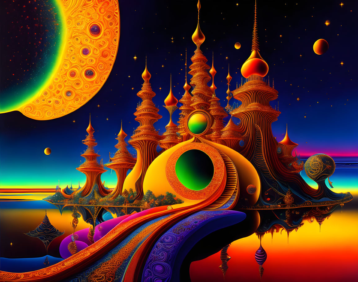 Colorful Psychedelic Digital Artwork: Ornate Structures and Moon in Cosmic Setting