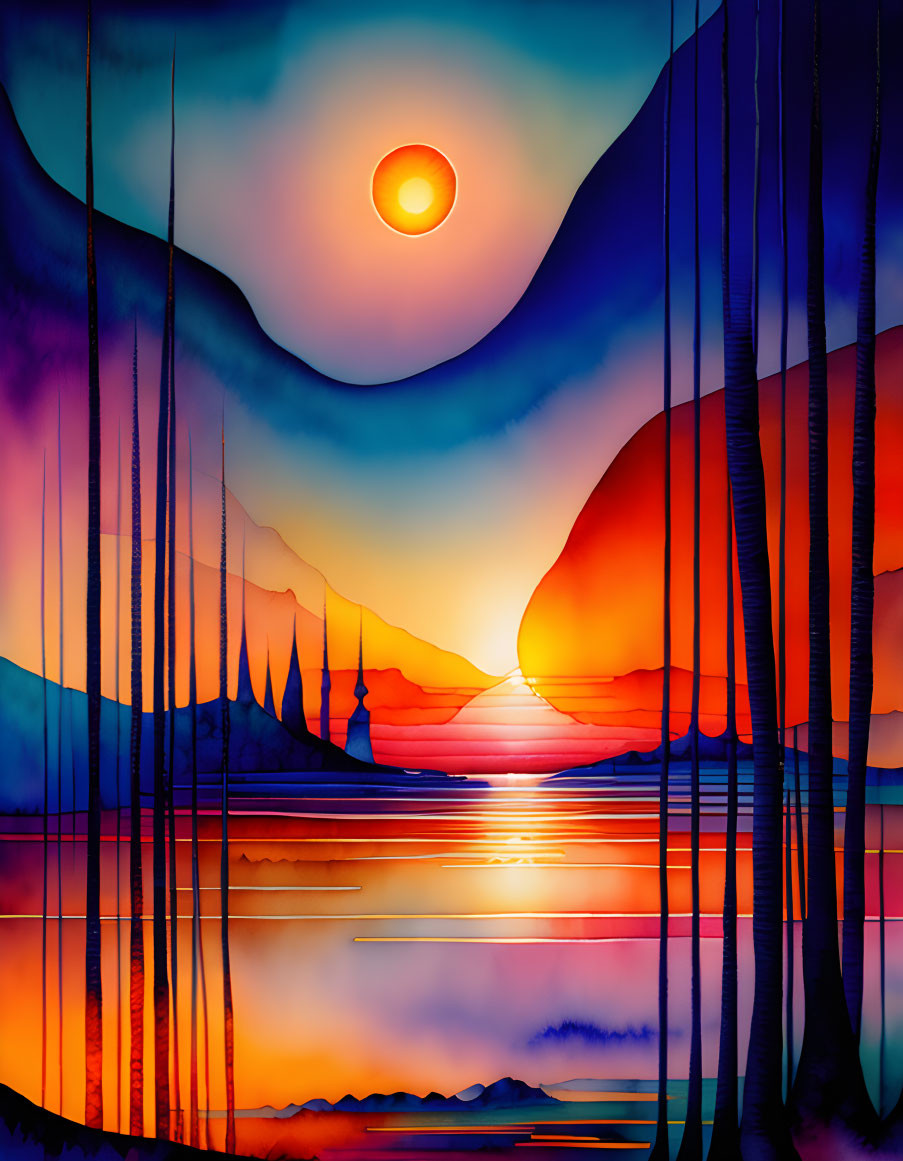 Colorful Stylized Landscape with Elongated Trees and Glowing Sunset