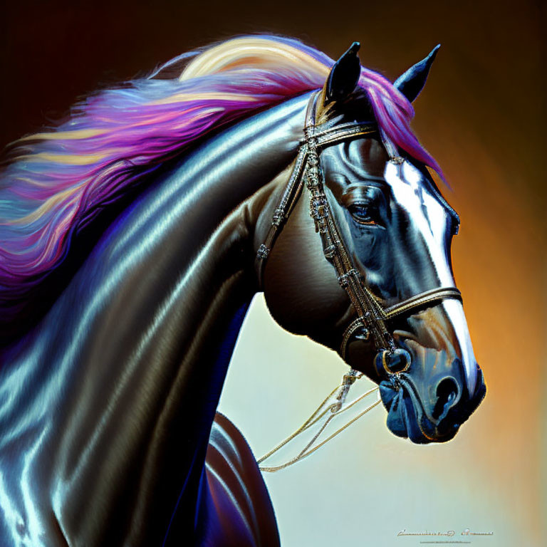 Majestic black horse with purple and blue mane and decorative bridle gear