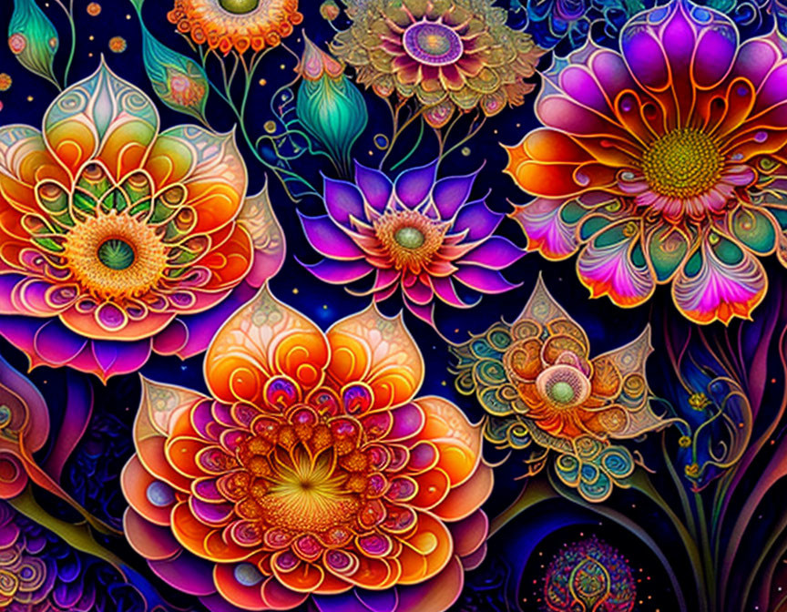 Colorful Stylized Flower Digital Art on Dark Celestial Background