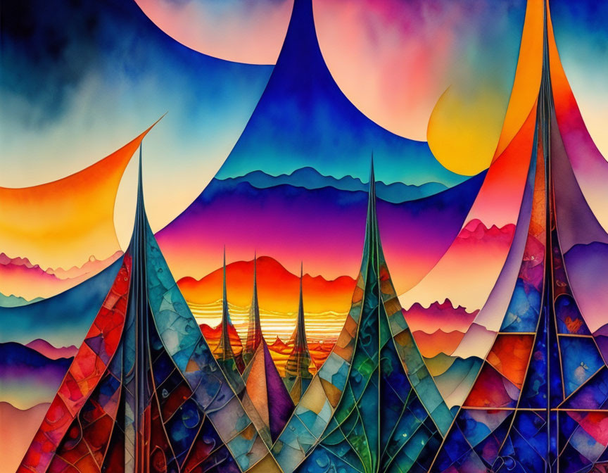 Vivid Sunset Mountain Landscape Painting with Abstract Geometric Shapes