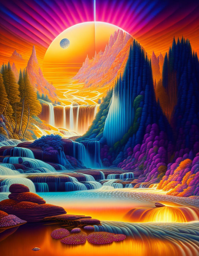 Surreal landscape with waterfalls, colorful foliage, river, moon, and sunbeams