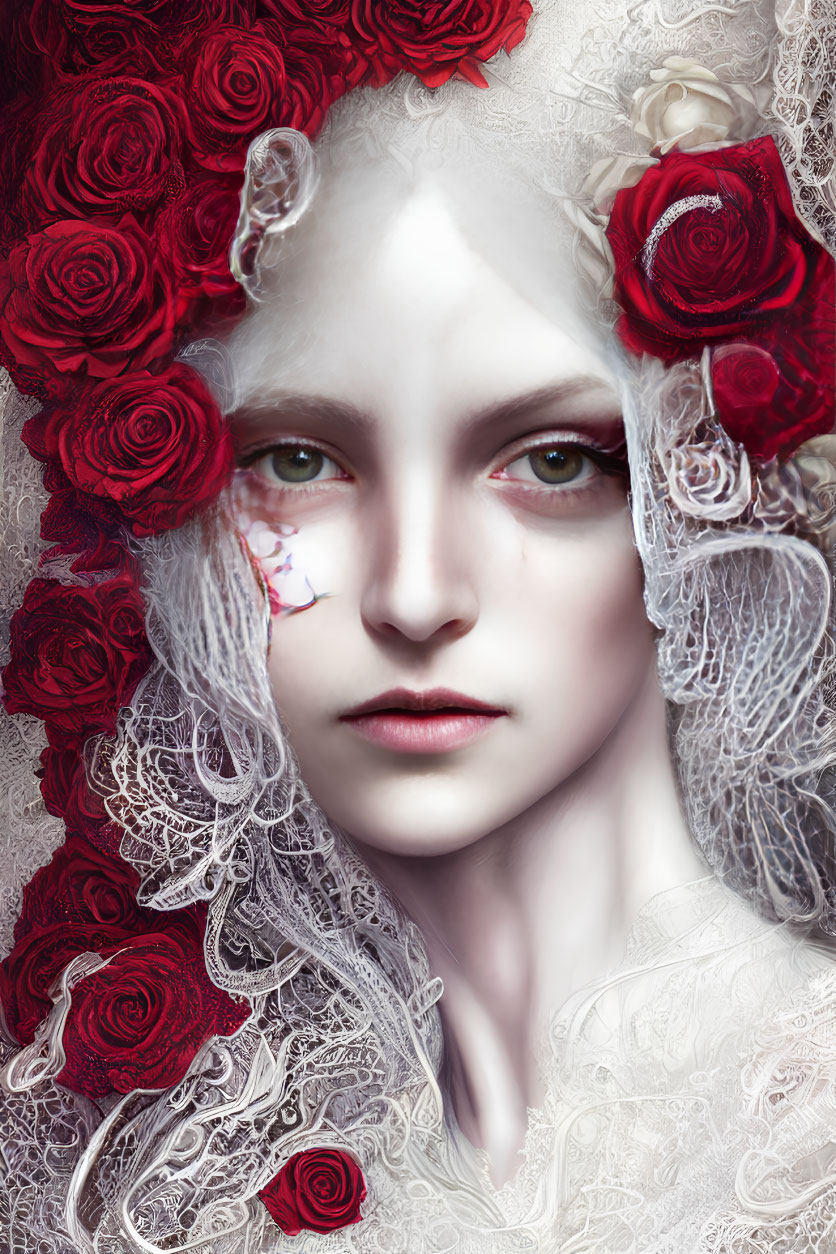 Pale Woman with Striking Gaze, Red Roses, White Lace, Petal Eye Cover