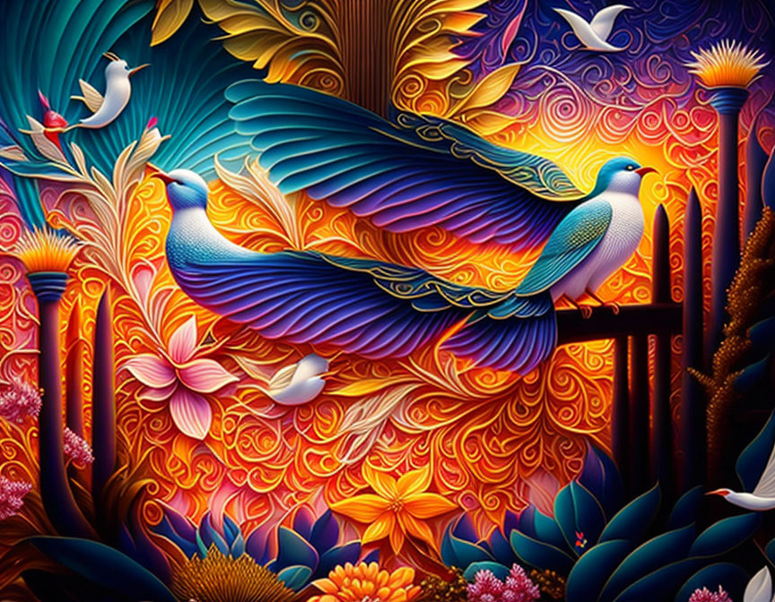 Colorful Artwork: Stylized Peacocks Amid Floral Patterns