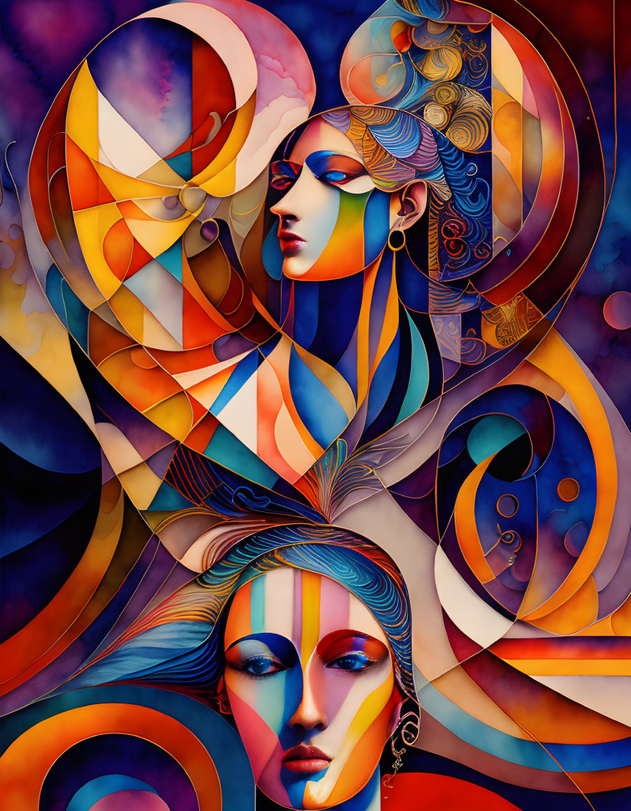 Colorful Abstract Art: Stylized Female Faces with Flowing Lines and Geometric Shapes