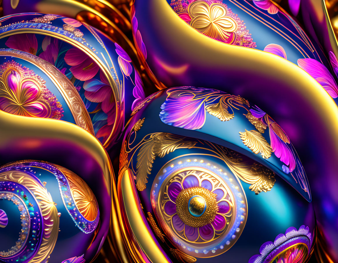 Intricate floral fractal patterns in vibrant purple, blue, and gold hues