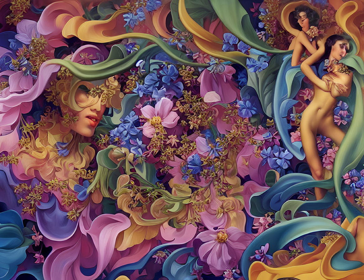 Surreal artwork: Woman's face in floral setting with embracing figure