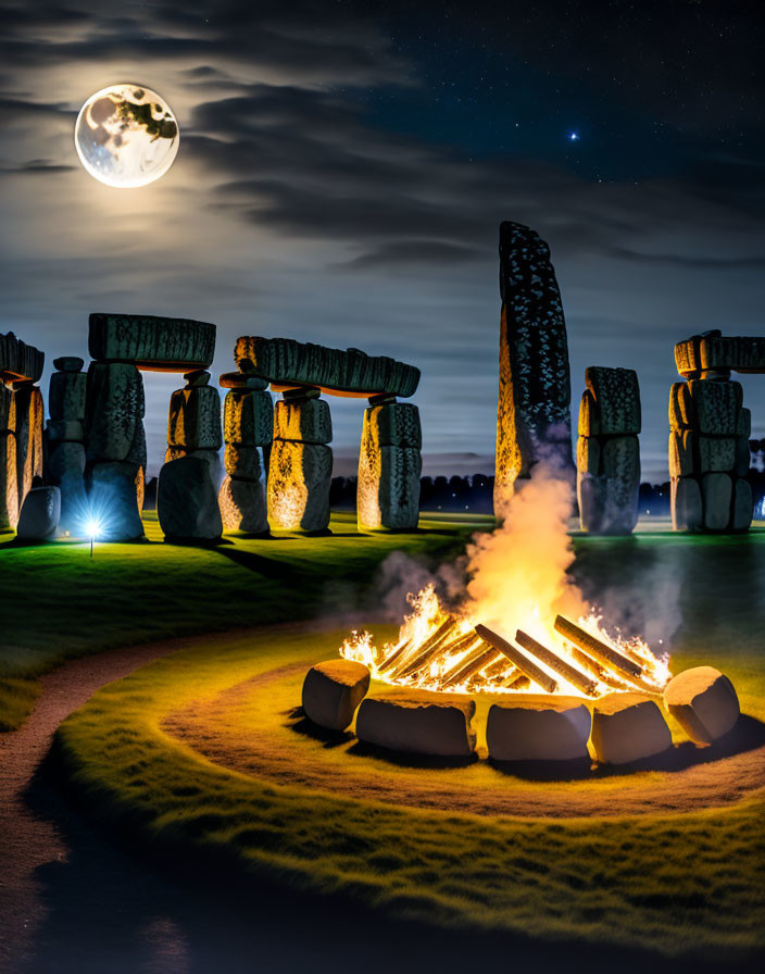 Stonehenge at night with full moon, starry sky, and bonfire