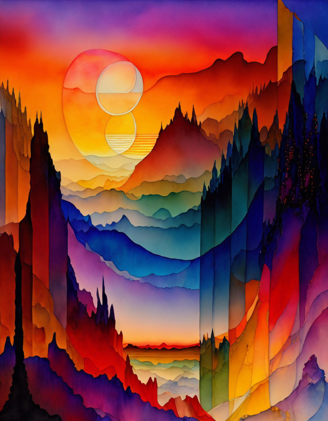 Vivid watercolor painting of red to blue mountain ranges at sunset