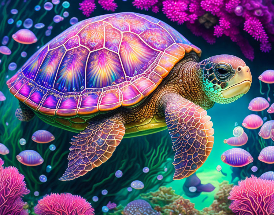 Colorful Digital Art: Sea Turtle in Coral Reef with Glowing Shell