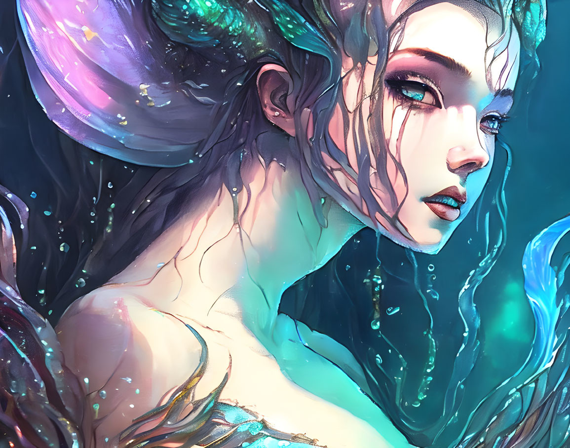 Ethereal underwater fantasy portrait of a mermaid with iridescent scales