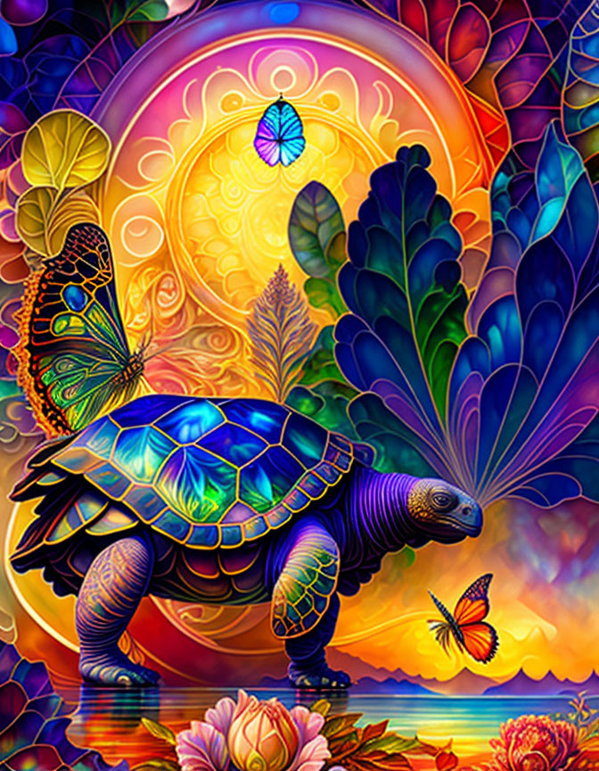 Colorful Turtle Illustration with Glowing Shell and Butterflies in Sunset Sky