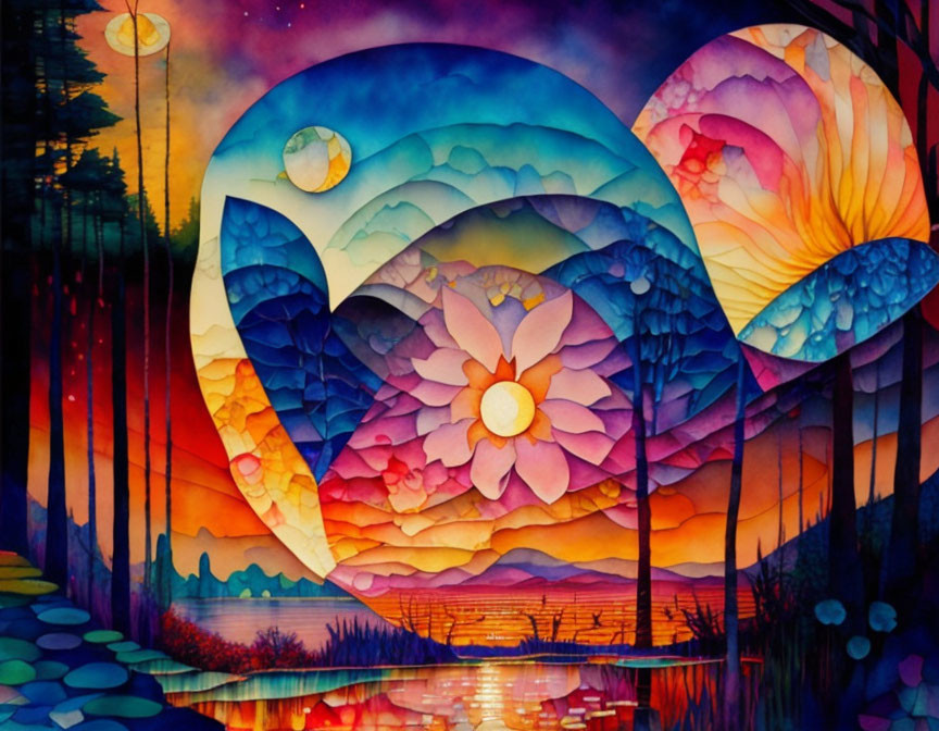 Colorful Painting with Sunset Backdrop, Wave Patterns, Flowers, and Serene Lake