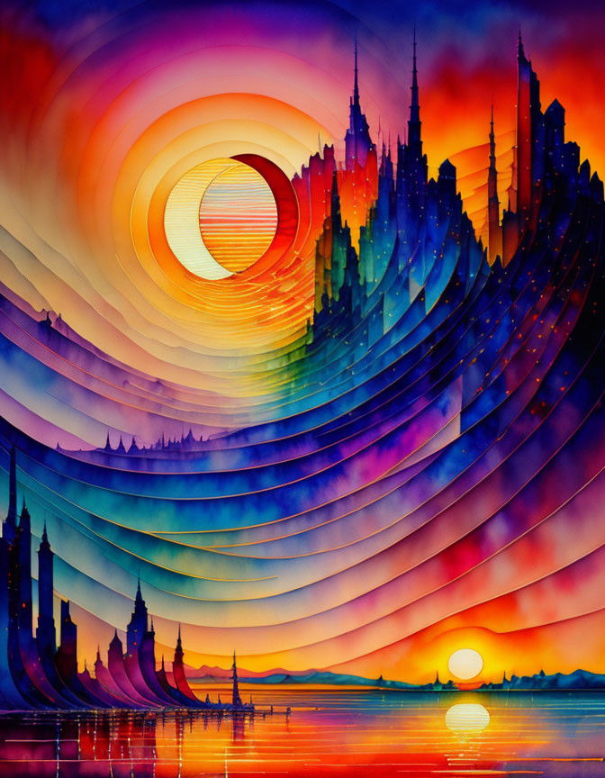 Colorful Watercolor Painting of City Skyline with Reflective Circles at Sunset/Sunrise