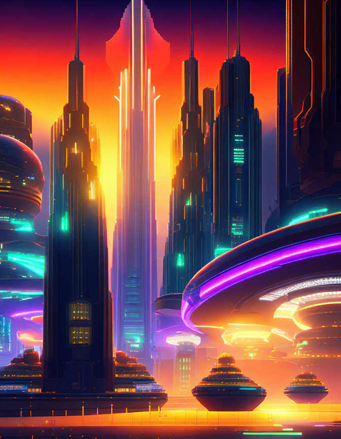 Futuristic cityscape with neon lights, skyscrapers, and flying vehicles