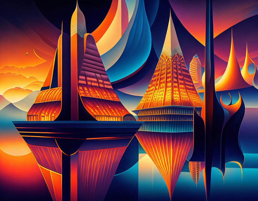 Stylized architecture with pointed towers and swirling skies in vibrant digital art