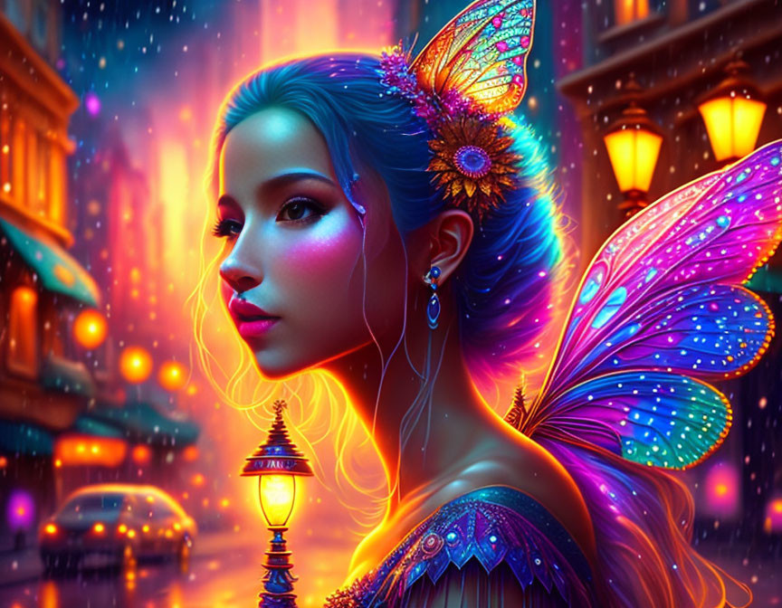 Colorful digital artwork: woman with butterfly wings in neon-lit cityscape