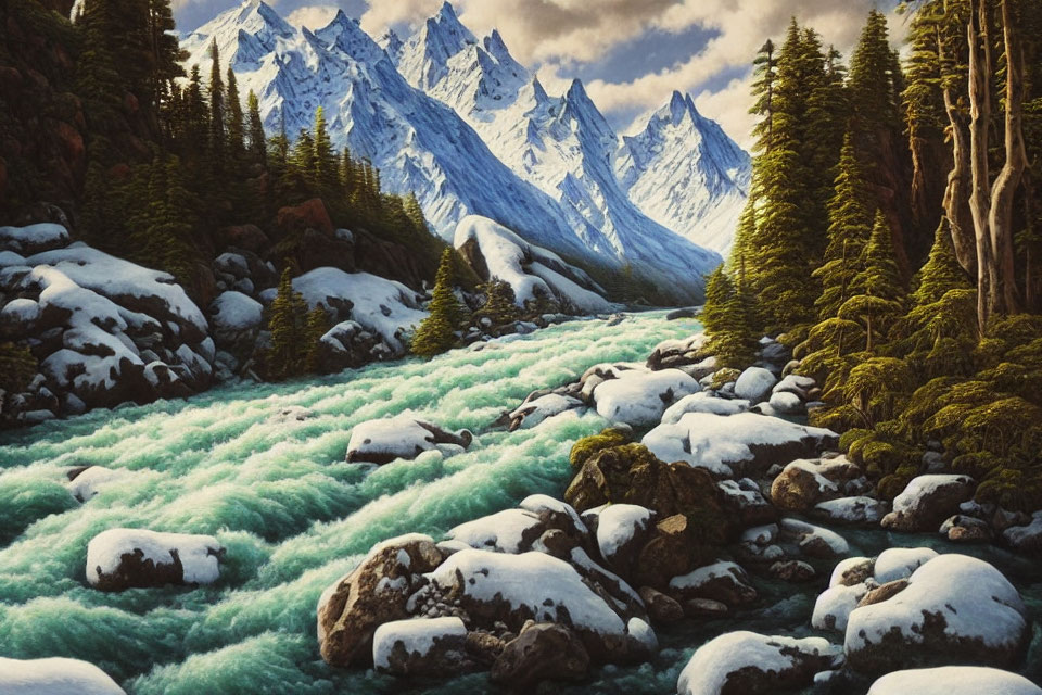 Detailed painting of snowy river flowing through forest with rocky banks, leading to distant snow-capped mountains under