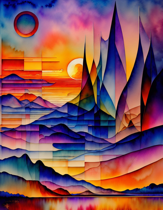 Vibrant abstract landscape: stylized mountains, sun, wavy patterns.