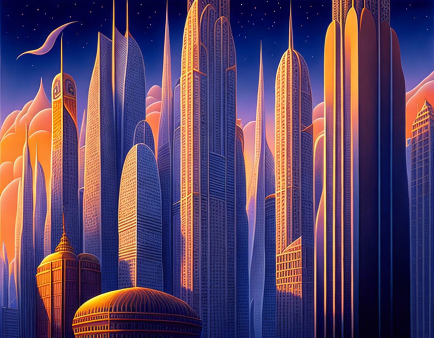 Vibrant Futuristic Cityscape Illustration with Night Sky Colors