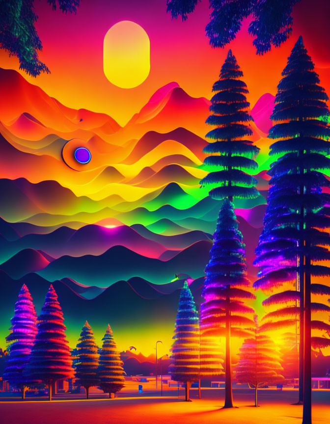 Colorful digital artwork: surreal landscape with multicolored mountains and neon-lit trees