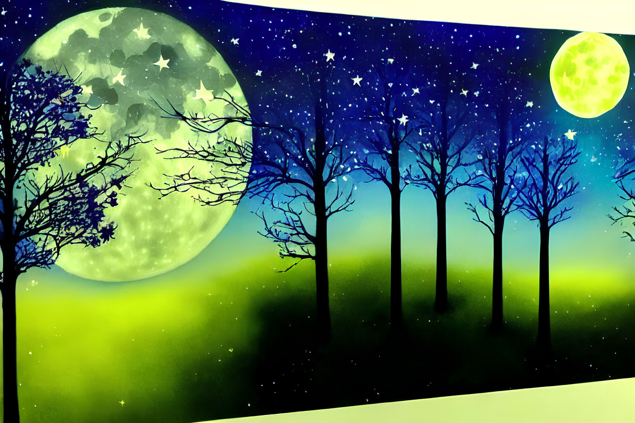 Stylized night landscape with glowing moons, stars, and bare trees