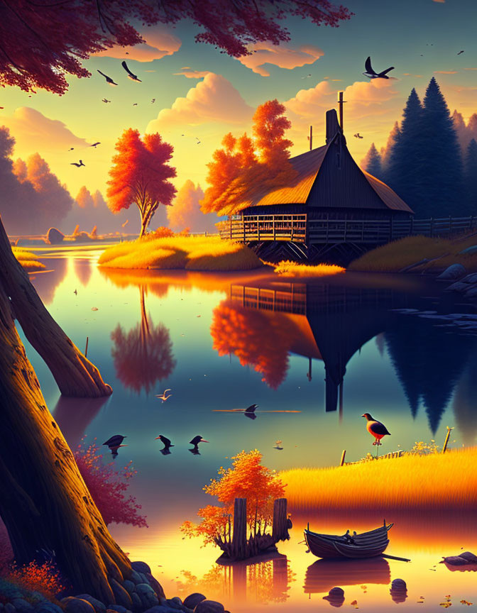 Tranquil autumn lake with wooden house, colorful trees, birds, and boat