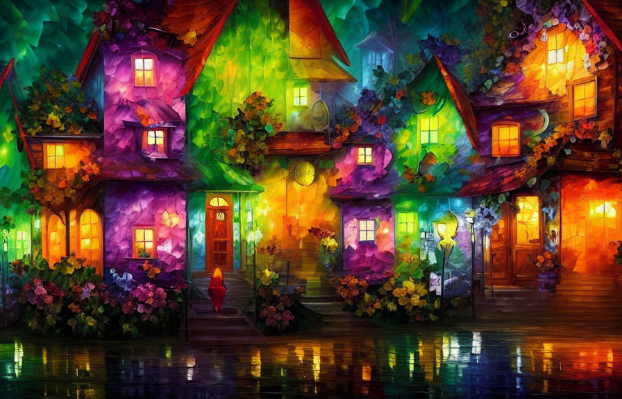 Colorful Whimsical Painting of Illuminated Houses and Lush Foliage at Night