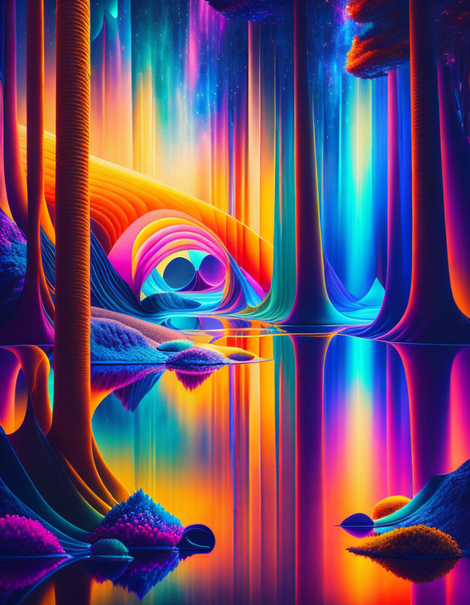 Fantastical landscape with neon colors and mirrored water reflections