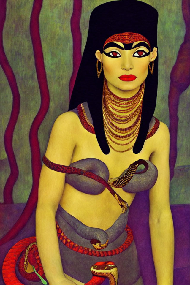 Stylized painting of woman in Egyptian headdress with snake on purple background