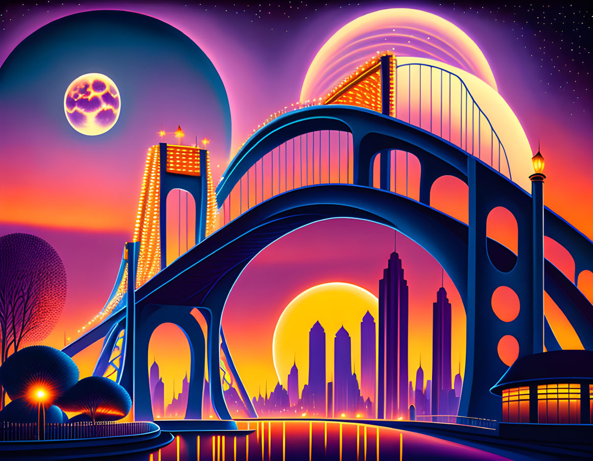 Futuristic cityscape with stylized bridge, full moon, neon lights, and sleek high-r