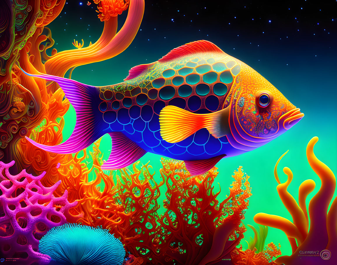 Colorful fish in neon-lit coral reef under starry sky