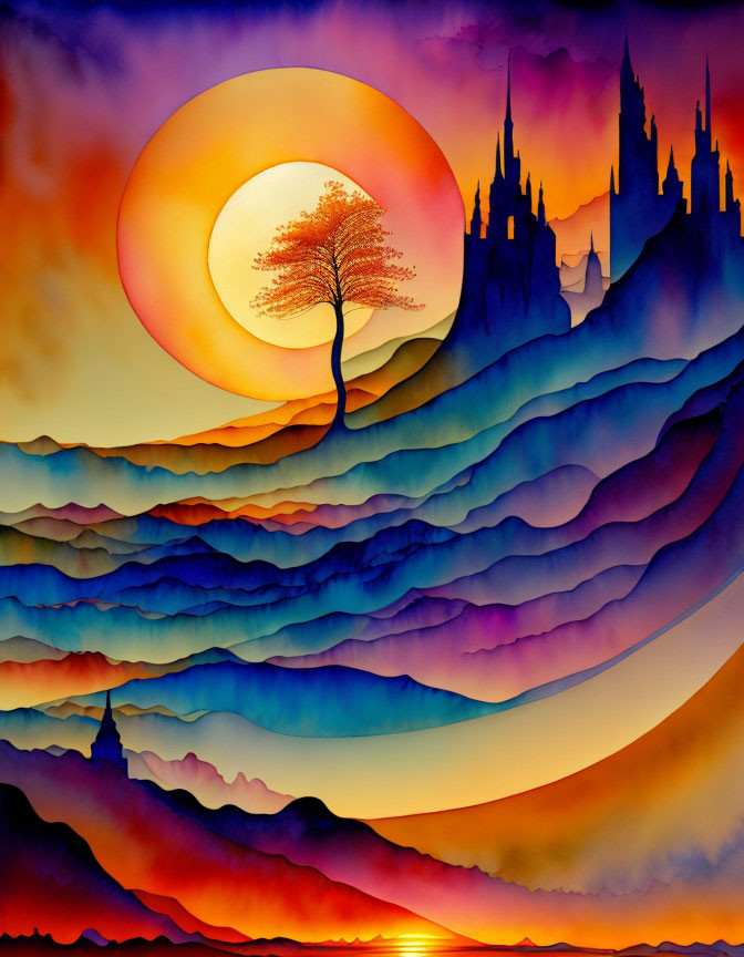 Vivid illustration of lone tree, sun, waves, and castle spires