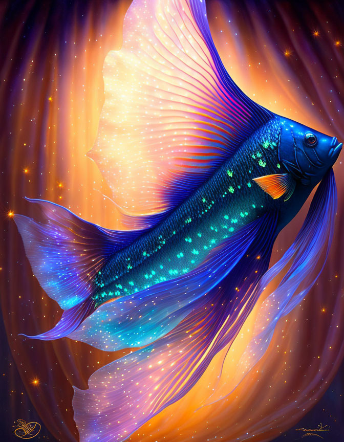 Colorful digital illustration of a celestial betta fish in starry setting