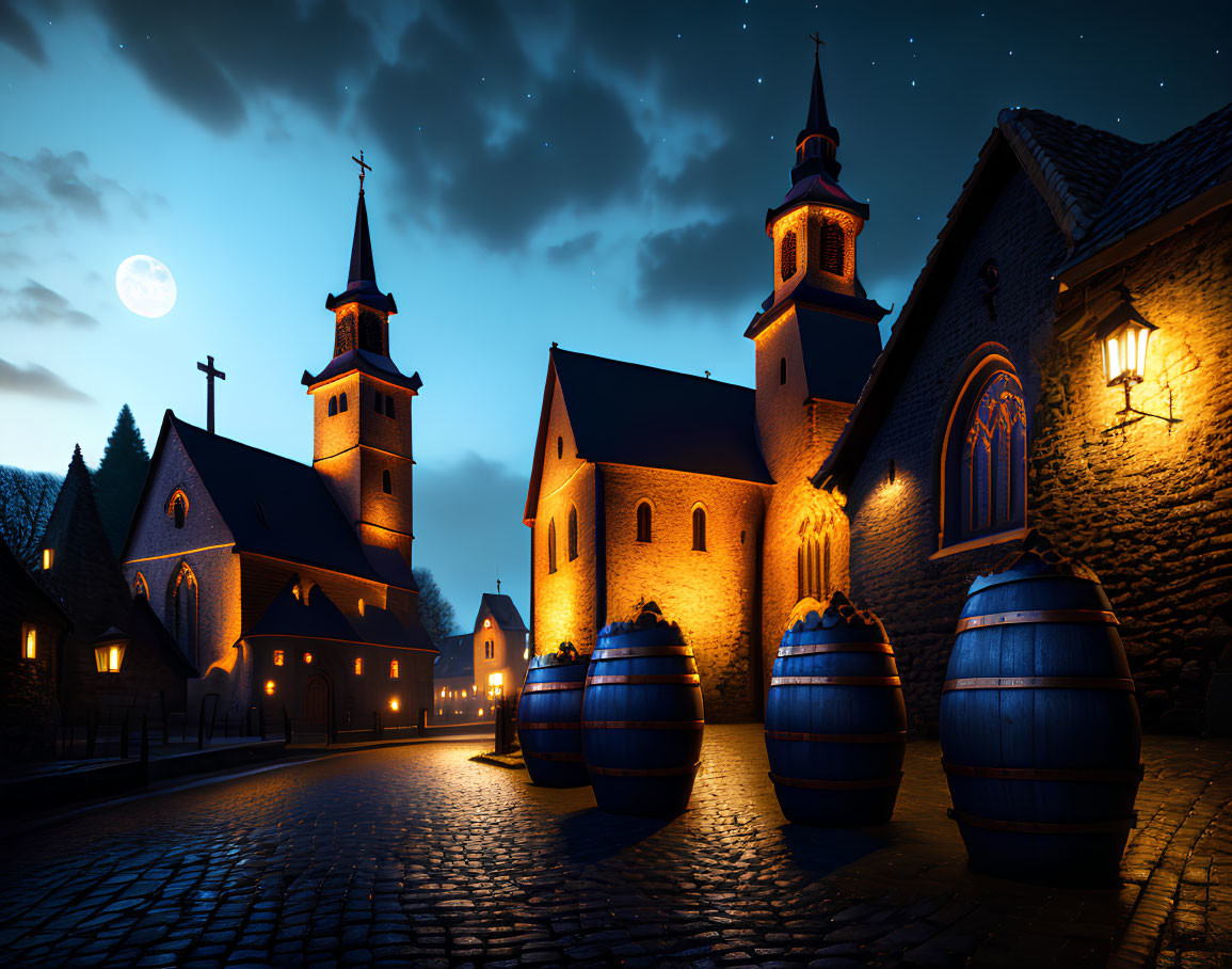 Medieval church at night with full moon, barrels, and cobblestone street