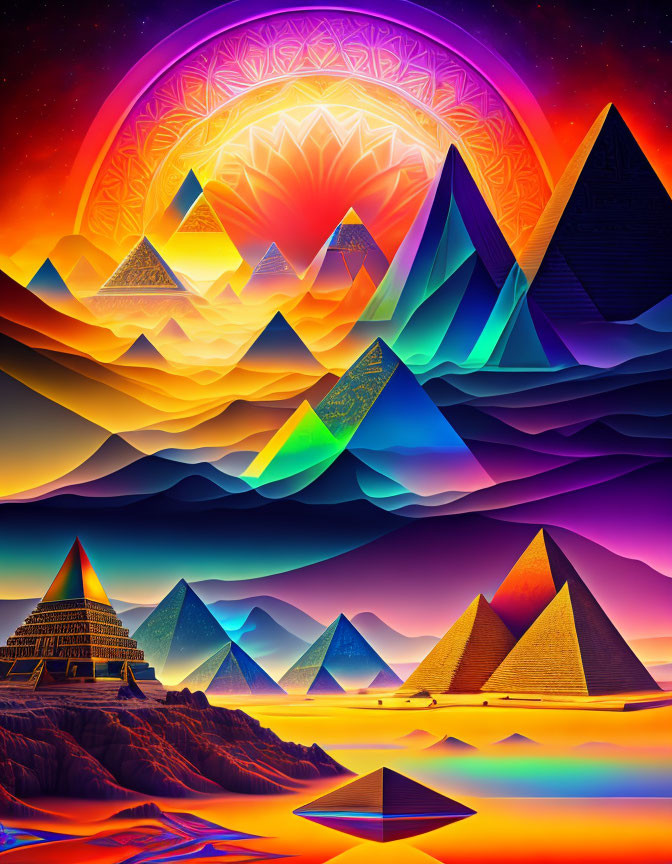 Colorful psychedelic desert landscape with stylized pyramids under patterned sky