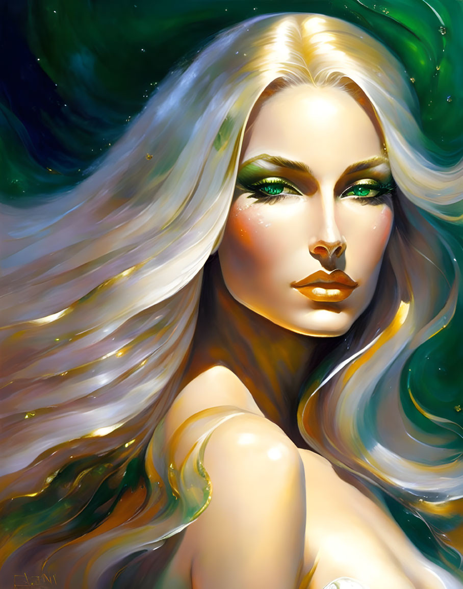 Woman with flowing golden hair and green eyes in cosmic green swirls.