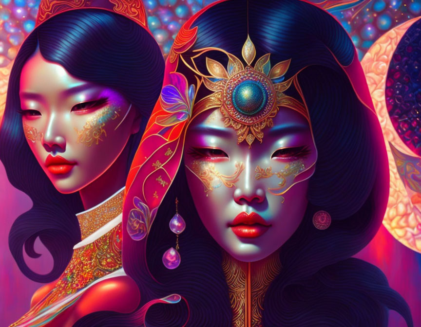 Stylized illustrative portraits of women with elaborate headdresses & ornate makeup against vibrant background