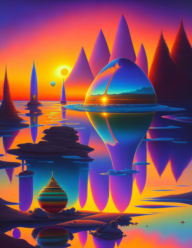 Surreal landscape with conical mountains and colorful structures