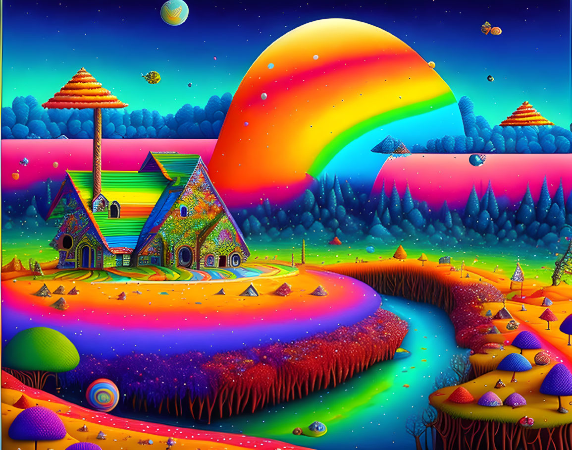 Colorful Cottage in Surreal Landscape with Rainbow Hills