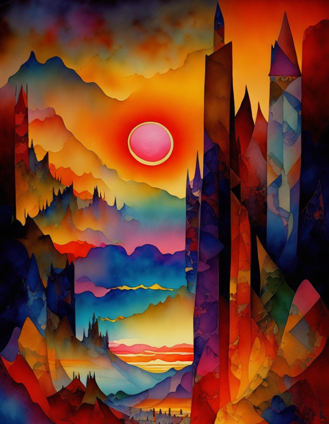 Surreal landscape watercolor painting with layered mountains and red sun