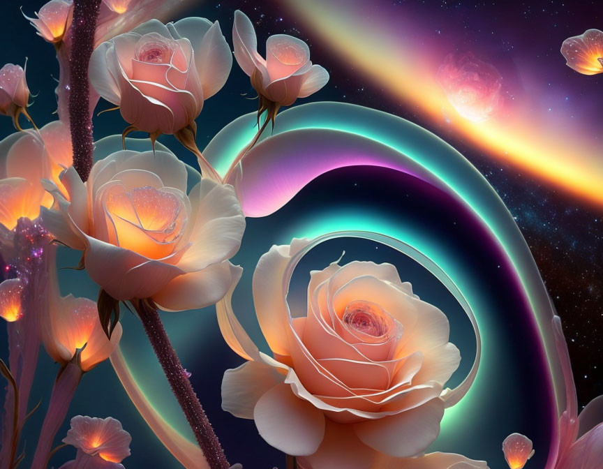 Colorful digital artwork: Luminous roses on cosmic background