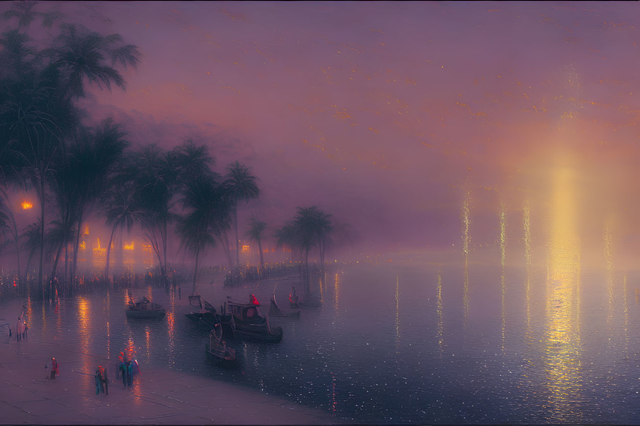 Scenic riverbank at dusk with glowing boats and lantern-lit sky