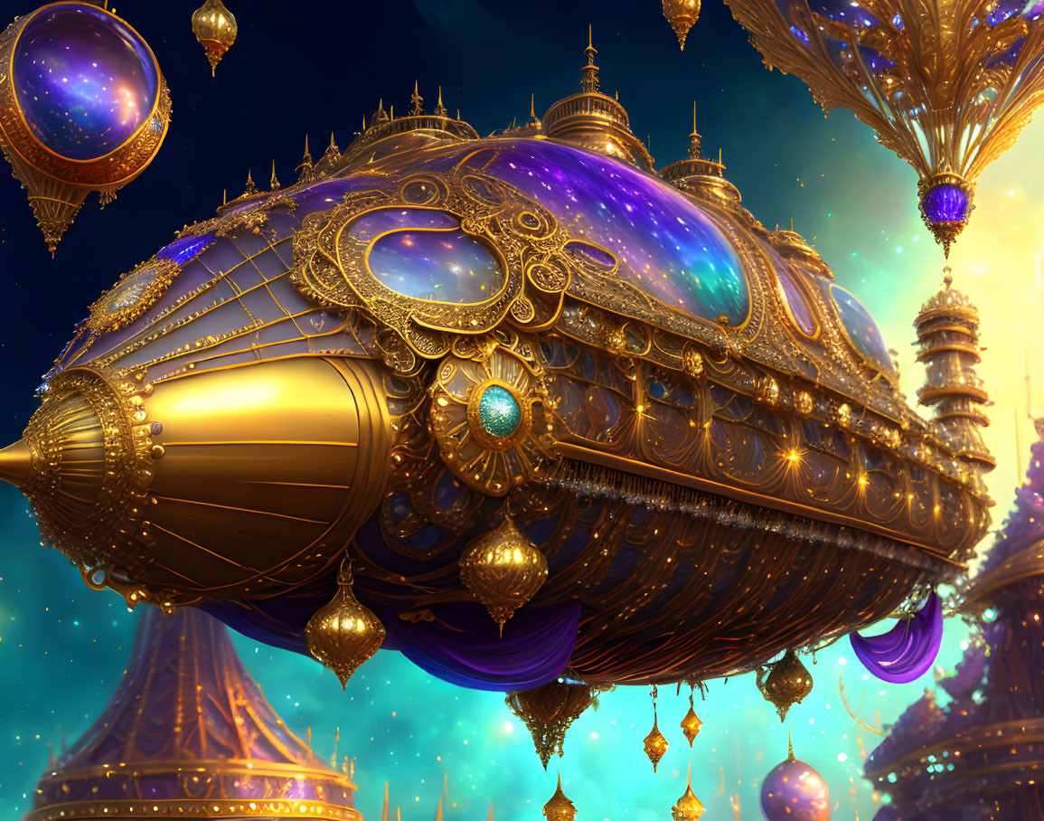 Golden ornate airship and glowing orbs in fantastical sky