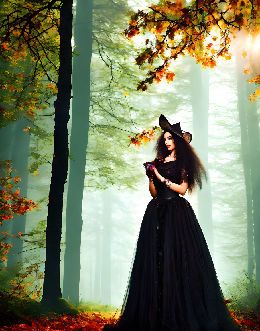 Woman in Black Dress and Hat in Misty Autumn Forest